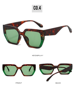Three-view display of oversized retro square sunglasses with tortoiseshell frames and green lenses