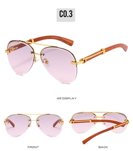 Three views of rimless pilot sunglasses with purple gradient lenses and wood grain temples