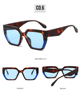 Detail view of bold tortoise frame sunglasses with light blue lenses from three angles