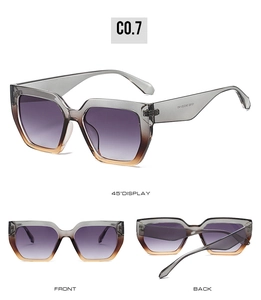 Detailed views of oversized square gradient sunglasses with purple lenses and metal hinges
