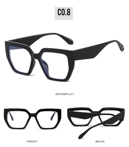 Three-way view of oversized thick frame sunglasses showing front, back and 45-degree angles