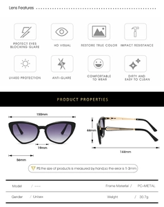 Detailed size specifications for cat eye sunglasses with purple gradient lenses and PC frame