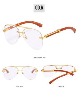 Detailed multi-angle view of rimless aviator sunglasses with wood grain texture temples