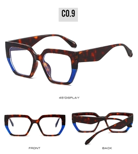 Three views of oversized tortoiseshell and blue frame glasses with detailed side and front display