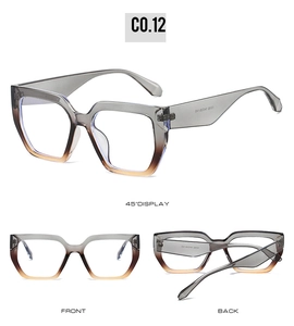 Three-view display of gradient grey square frame glasses with clear lenses for daily wear
