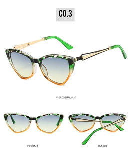 Three-angle display of cat-eye sunglasses with gradient lenses and green tortoiseshell frame