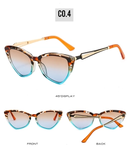 Detailed views of cat-eye sunglasses with gradient lenses and tortoise shell frames