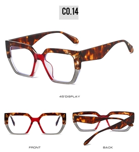 Detail view of large tortoise shell eyeglass frame with red and grey color-blocking