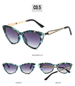 Three-view display of cat-eye sunglasses with marble teal frames and gradient lenses