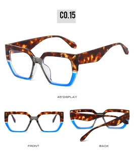 Multi-angle view of oversized geometric eyeglasses with blue and tortoiseshell frame