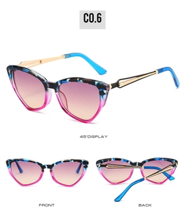 Three views of gradient cat eye sunglasses with blue and pink marbled frames