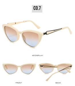 Detail view of cream cat-eye sunglasses with gradient lenses and gold metal accents