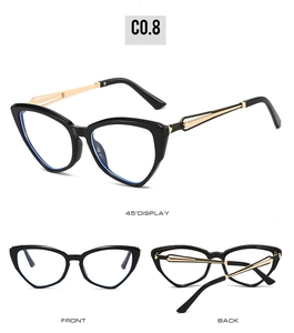 Three-way view of cat-eye glasses showing 45-degree, front, and back foldable black frames
