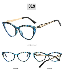 Three perspectives of cat-eye frames with marble pattern and golden metal temples