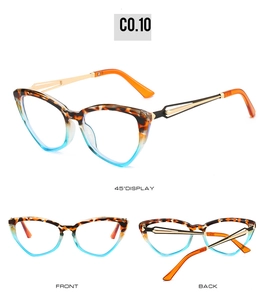 Detailed views of cat-eye gradient glasses with tortoiseshell frame and metal temples