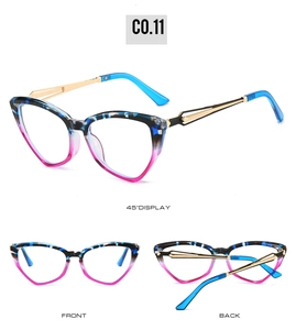 Three angles of gradient cat eye frames with golden metal temples and blue tips