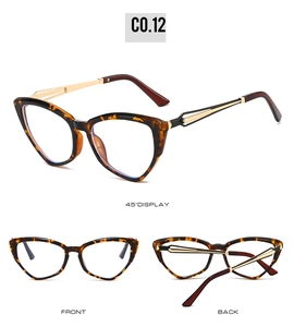 Three-view display of gradient cat-eye glasses frame with leopard pattern and metal temples