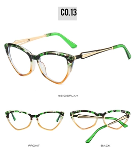 Multi-angle views of cat-eye frames with green camo top and orange gradient finish