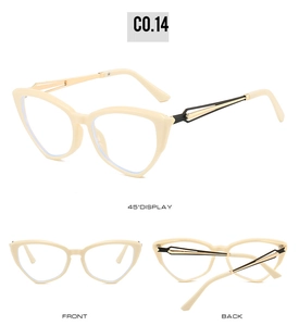 Detailed multi-angle view of cat-eye frames with metal temples and cream finish