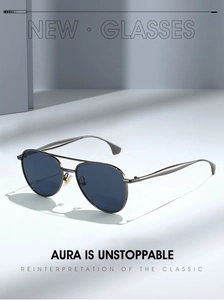 Detail of gunmetal pilot sunglasses with double bridge and dark blue lenses