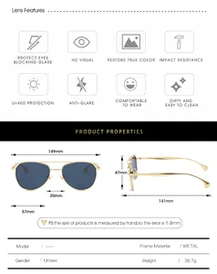 Detailed size chart for unisex metal pilot sunglasses with frame and lens measurements