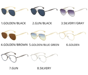 Detailed catalog of aviator sunglasses in eight diverse frame and lens color combinations
