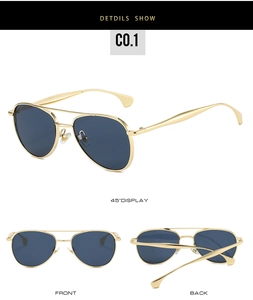 Detailed views of gold metal aviator sunglasses with dual-bridge and blue lenses