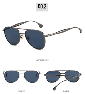 Three-angle views of gunmetal aviator sunglasses with classic double bridge and blue lenses