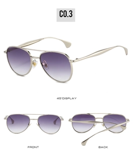 Three-angle view of gold metal aviator sunglasses with purple gradient lenses