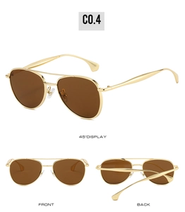 Three-view display of gold pilot sunglasses with brown lenses and double bridge detail
