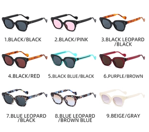 Grille détaillée montrant neuf lunettes de soleil UV400 en divers coloris et verres