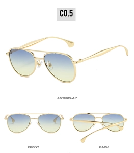 Three-way view of aviator sunglasses with gold frames and blue-yellow gradient lenses