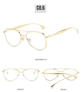 Three views of golden aviator metal frame glasses with clear blue light blocking lenses