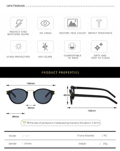 Detailed size guide and specifications for vintage round frame pilot sunglasses with PC frame