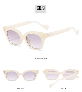 Vue détaillée des lunettes rétro crème avec verres dégradés violets sous trois angles