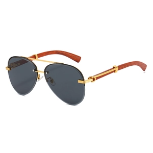 Classic rimless aviator sunglasses with gold metal frame and redwood grain textured temples