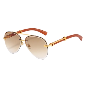 Rimless aviator sunglasses with brown gradient lenses and wood grain temples for men