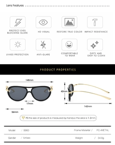 Detailed size chart for aviator sunglasses with frame dimensions and UV400 features