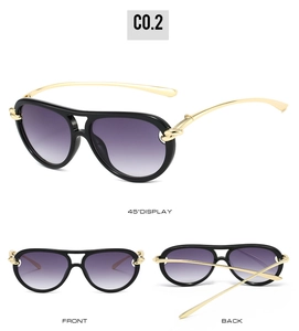 Three-angle views showing gold temples and purple gradient lenses of aviator sunglasses