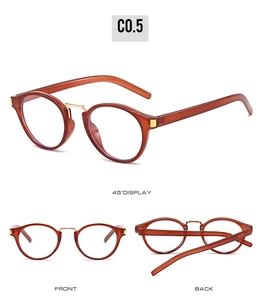 Three perspectives of amber round glasses with gold bridge and detailed side views
