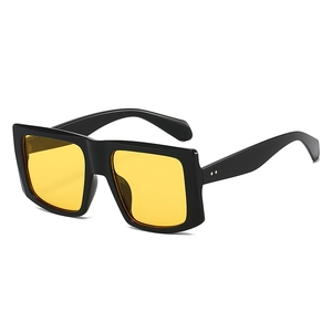 Fashionable square frame oversized sunglasses with black thick frame and yellow lenses
