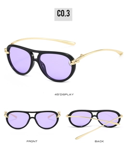 Three-view display of aviator sunglasses with purple lenses and gold metal temples