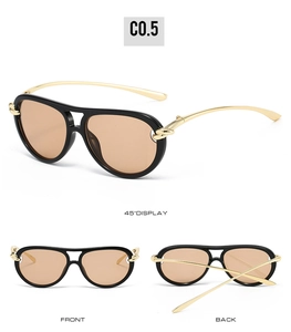 Detailed views of aviator sunglasses with black frames and gradient brown lenses