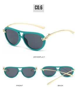 Three-angle display of aviator sunglasses with lake green frames and gold metal temples