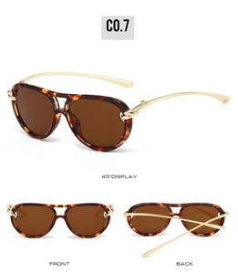 Three-view layout of tortoiseshell aviator sunglasses with gold temples and brown lenses