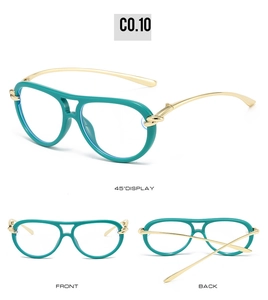 Detailed multi-angle views of pilot sunglasses in teal plastic and gold metal frames