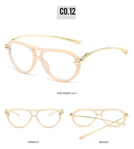 Three-view display of beige aviator sunglasses showing front, back, and 45-degree angle