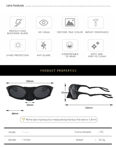 Detailed size chart for black outdoor polarized cycling sunglasses with UV400 protection