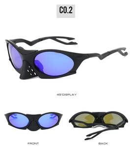 Three-angle views of polarized sports sunglasses with blue reflective lenses and black frame