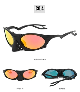 Detailed views of matte black cycling sunglasses with orange reflective lenses and air vents